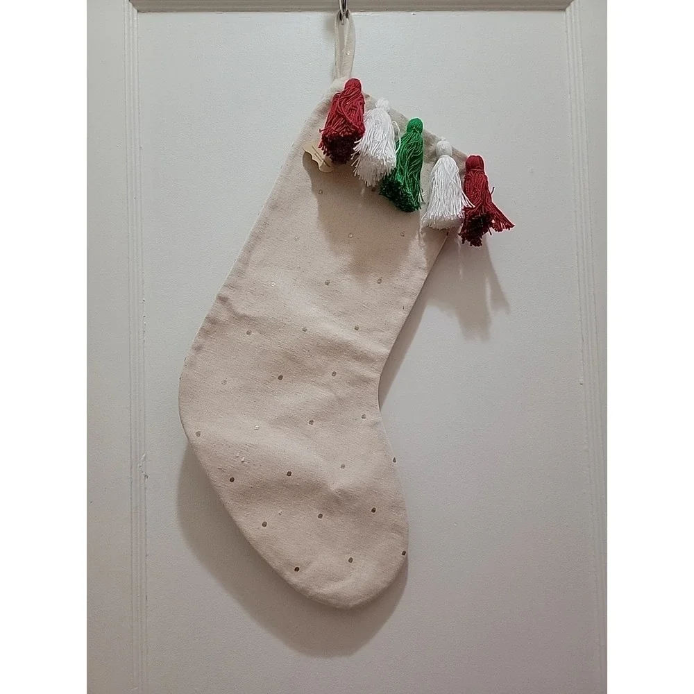 Mud Pie Canvas Gold Polka Dot Christmas Stocking.   New With Tags